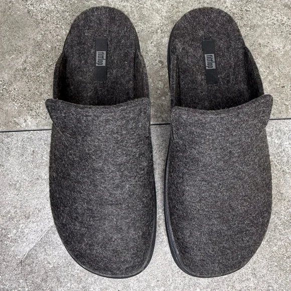 NEW FitFlop Gray Black Felt Slip On Mules Slippers Men’s 11